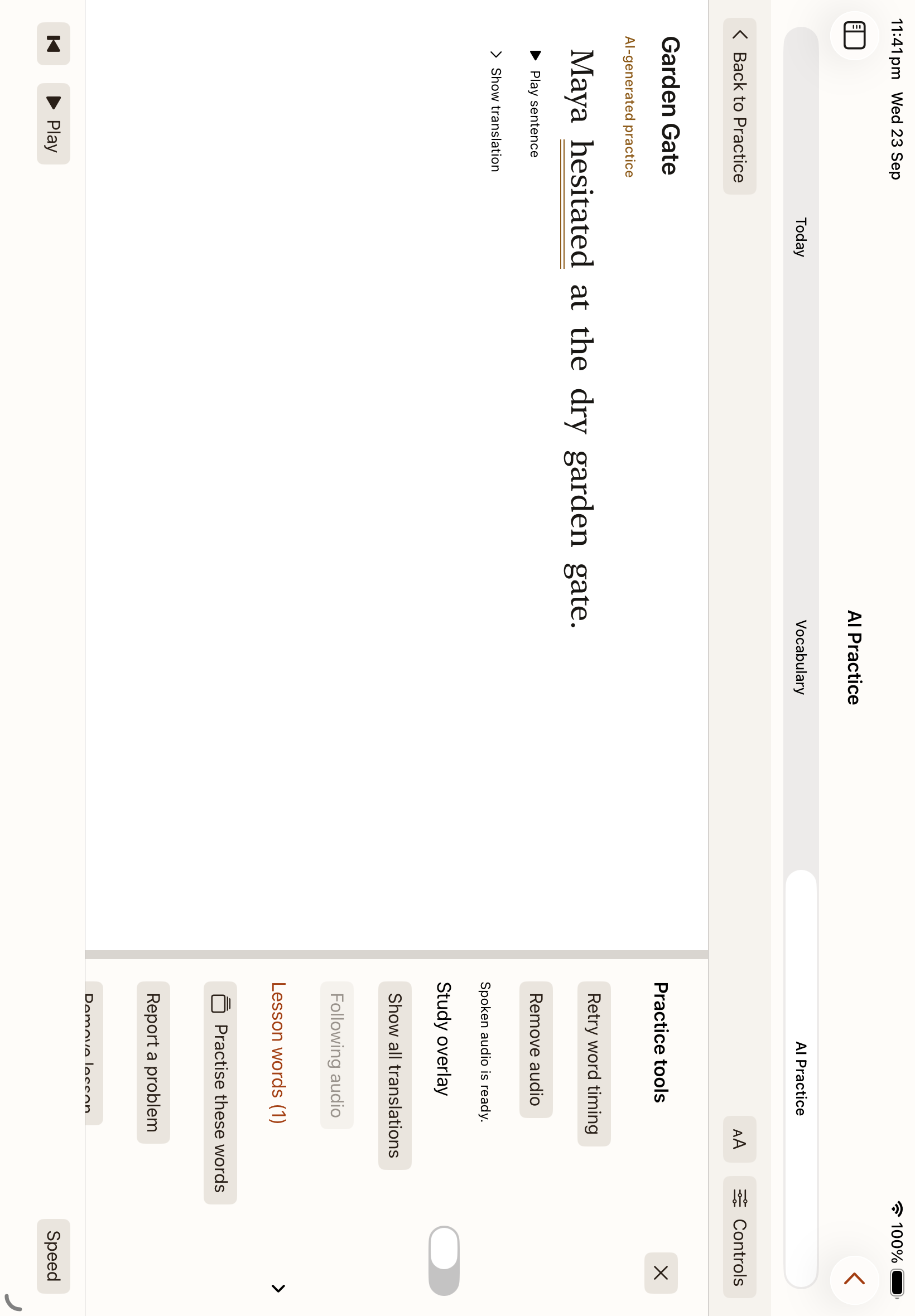A saved AI Practice lesson with local audio controls on iPad.