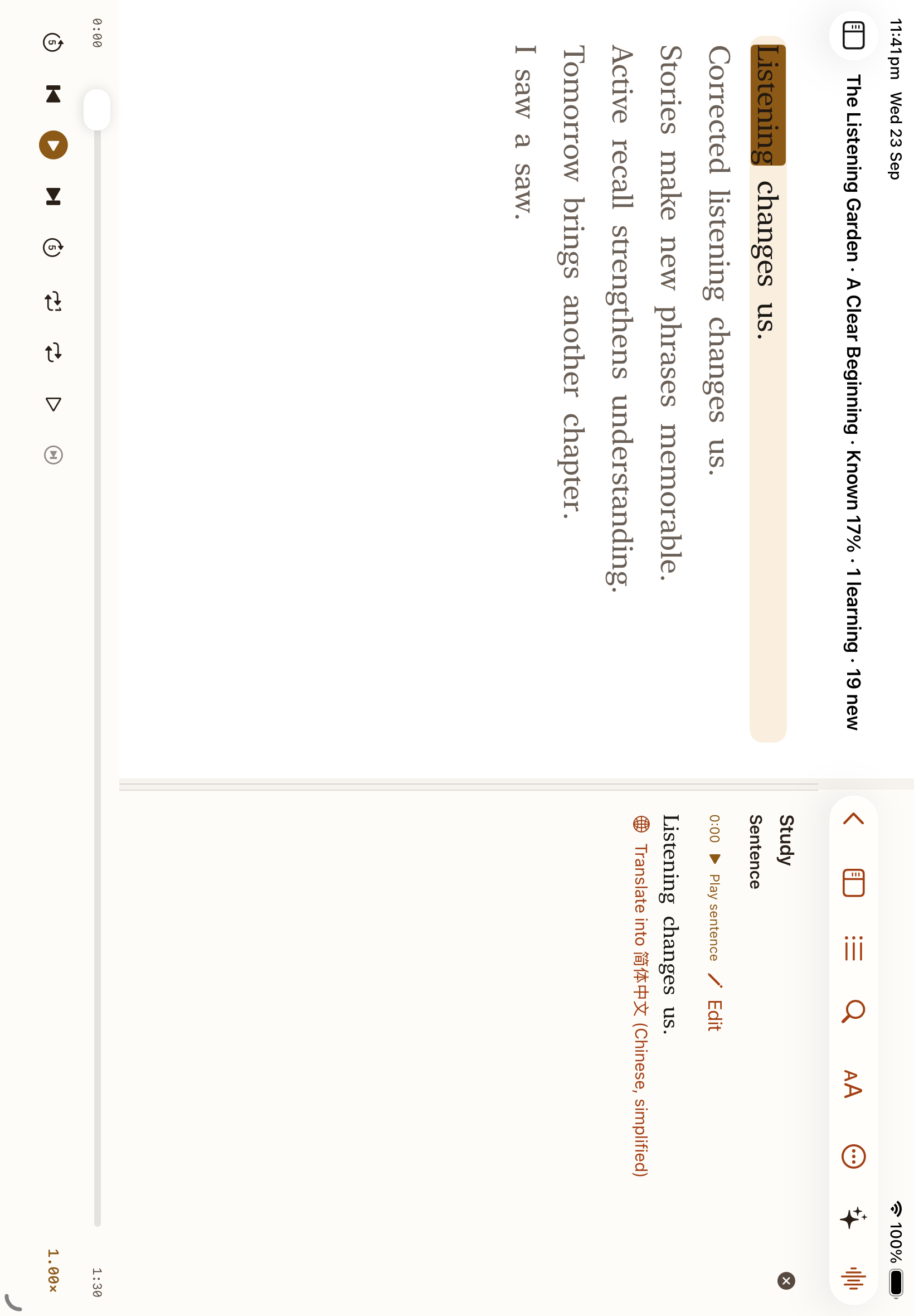 Senseward on iPad: audiobook text with sentence playback controls.